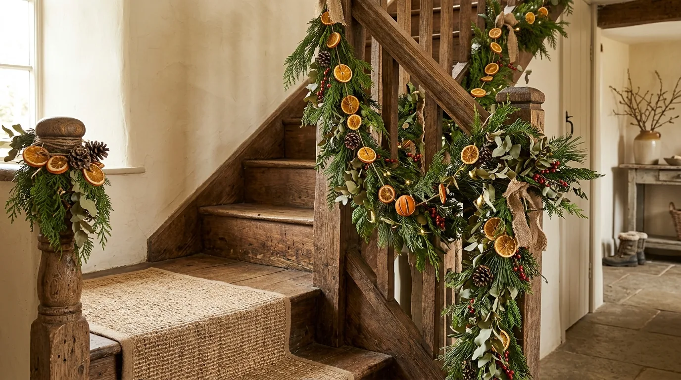 Bring in a wreath or mirror nearby to complete the entry inspiration for a Christmas staircase.